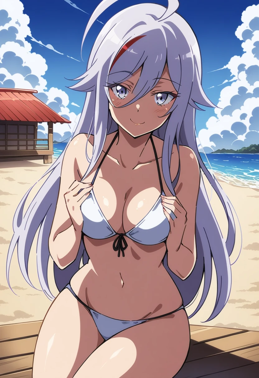 anime art style, 2d, masterpiece, best quality, very aesthetic, absurdres, dynamic shadows, atmosferic, vladilena_millize, (1girl), ((silver hair)), long hair, (red streaked hair), (silver eyes), narrowed eyes, detailed eyes, ahoge, hair between eyes, bangs, medium breasts, cleavage, collarbone, makeup, sexy, string bikini, white bikini, sexy smile, hands on own breasts, ((cowboy shot)), sitting, from front, beach, clouds, sky, houses, looking at viewer