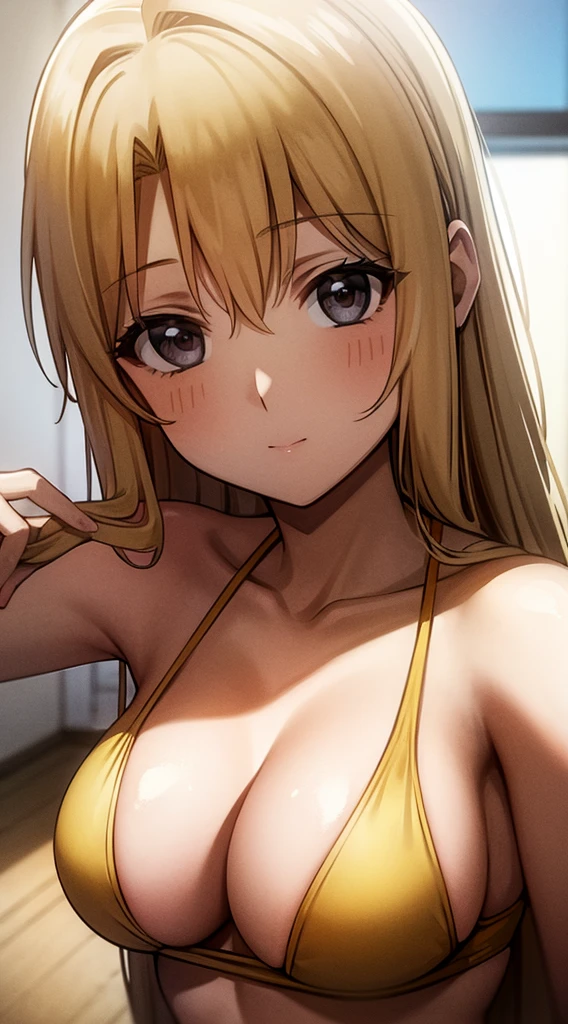 Upper body photo of beautiful blonde girl in swimsuit