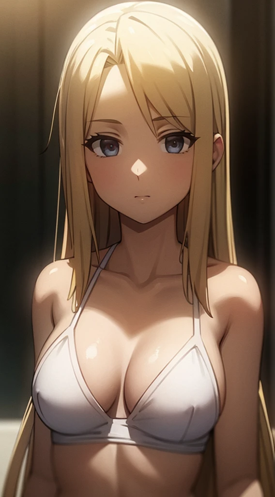 Upper body photo of beautiful blonde girl in swimsuit