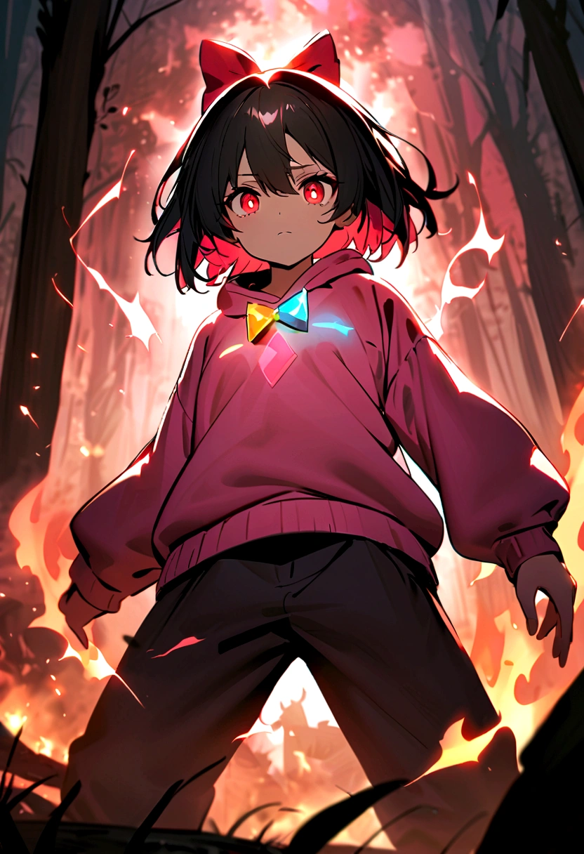 an anime girl eyes with a black iris and red pupils, black hair with pink highlights with small hair bow with small blue and yellow cubes decoration on the bow, on the right side of the head. She wears a pink sweatshirt that is too big for her and small black sweatpants.. A red aura emanated from his body as if it were flames and in a violent manner.. His gaze seems empty and his face is shadowed while his red eyes shine like neons in his shadowed face. , with a serious attitude while in a forest with the ground destroyed 