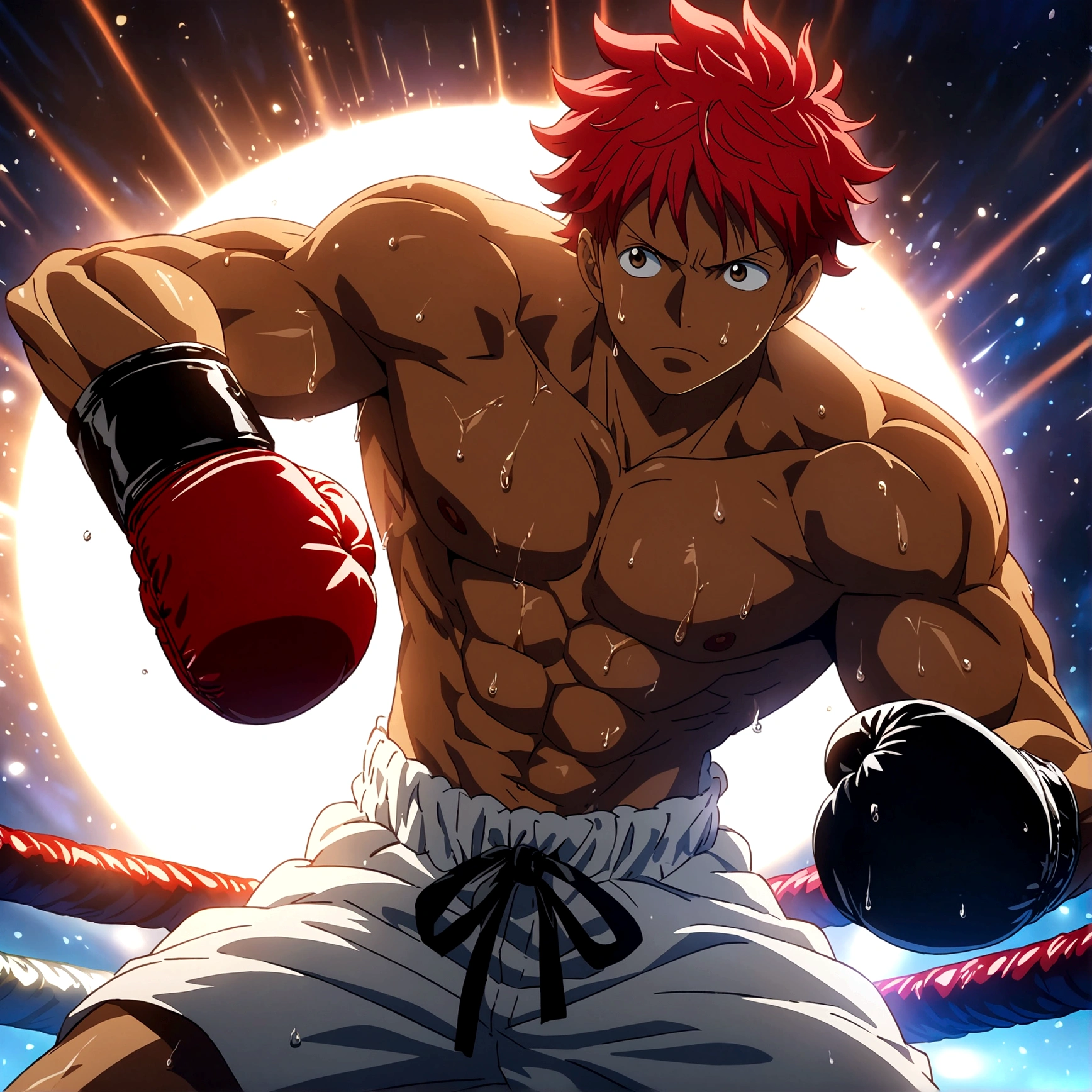 Male, dark skin, muscular and defined body, short red hair, bright brown eyes, boxer's outfit, focused expression, boxing gloves, boxing ring backdrop, "One Piece-inspired anime features, drenched in dramatic and incredible lighting, dramatic lighting, infused with creative details, ultra-fine 2D design, backdrop bathed in creativity, bathed in creativity, boasting HD anime resolution clarity, HD anime graphics, high-octane rendering"
