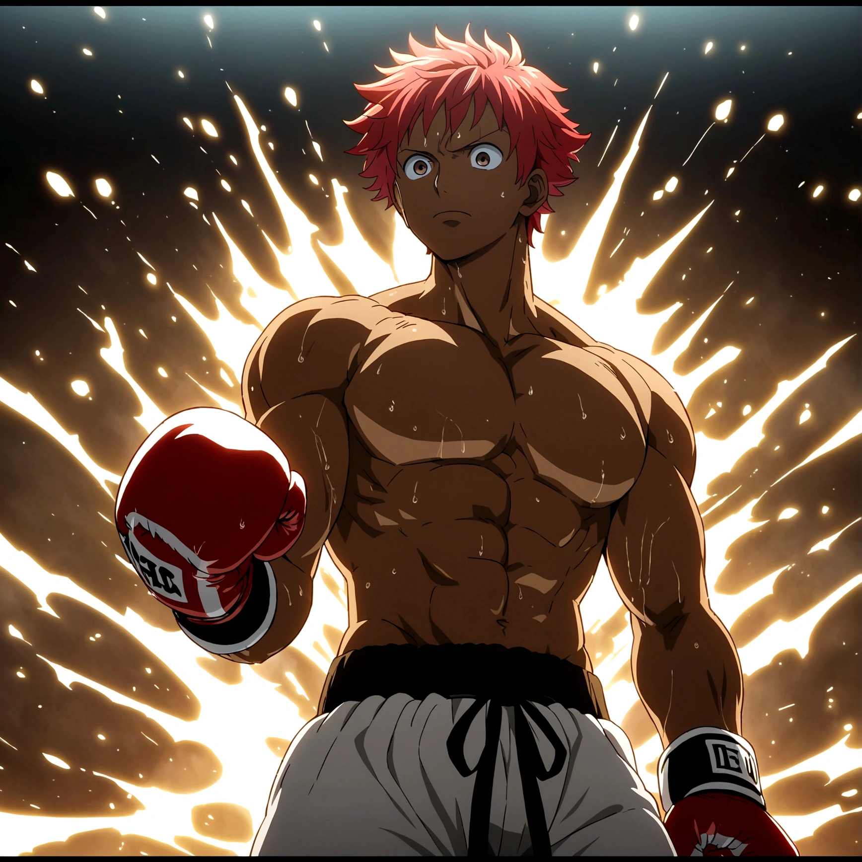 Male, dark skin, muscular and defined body, short red hair, bright brown eyes, boxer's outfit, focused expression, boxing gloves, boxing ring backdrop, "One Piece-inspired anime features, drenched in dramatic and incredible lighting, dramatic lighting, infused with creative details, ultra-fine 2D design, backdrop bathed in creativity, bathed in creativity, boasting HD anime resolution clarity, HD anime graphics, high-octane rendering"