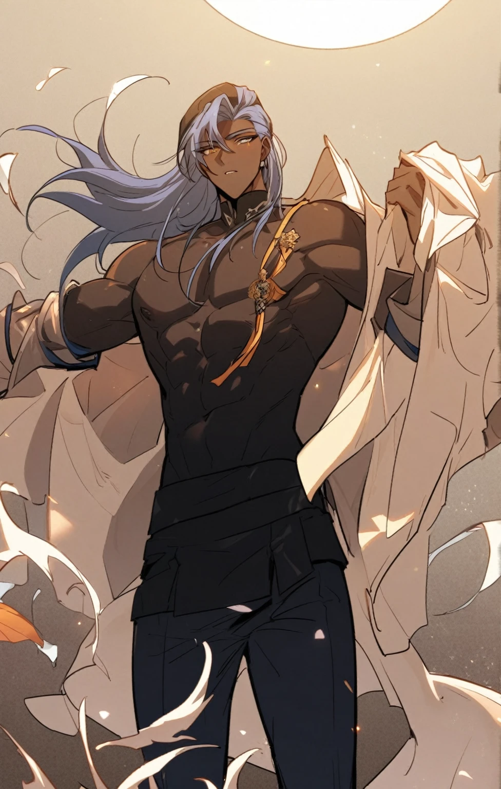 a pretty Male, he has brown skin and he has blue to orange eyes and he’s hair is black to blue and he is wearing a academy uniform . Manhwa style.