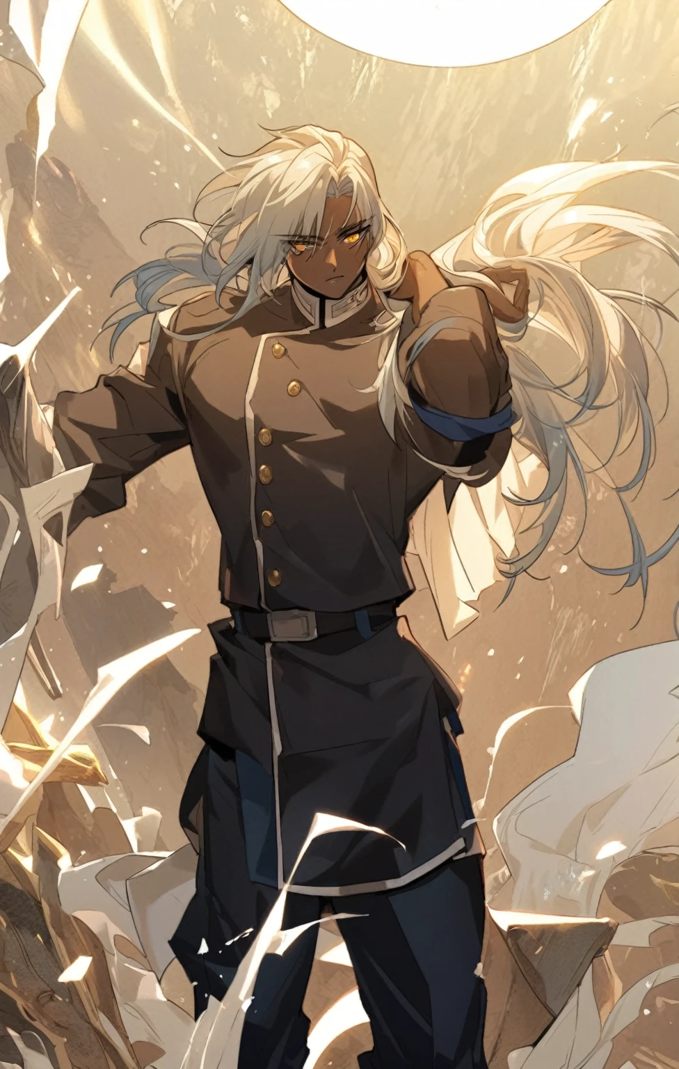 a pretty Male, he has brown skin and he has blue to orange eyes and he’s hair is black to blue and he is wearing a academy uniform . Manhwa style.