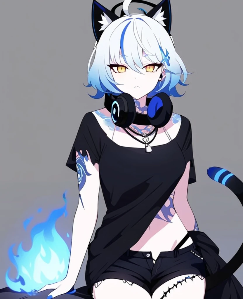 Make me a VTuber design. A girl with a mature body. {Long white hair that has blue fire on the tips of them.} {Cat ears with blue fire in the middle of them instead of fluff.} {A cat tail with blue fire at the end.} Yellow eyes with, scars on her body. {A goth/rockstar wearing shorts like outfit that’s blue and black with headphones that match, draped around her neck.} Fire tattoos. Blue fire cat DJ/Singer. One person only, {blue fire only}.