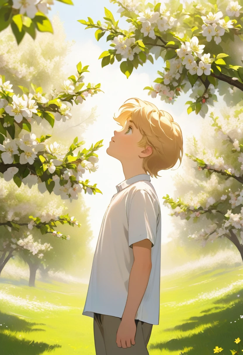 A boy with blond hair in a white shirt stands near a blooming apple tree and looks up 