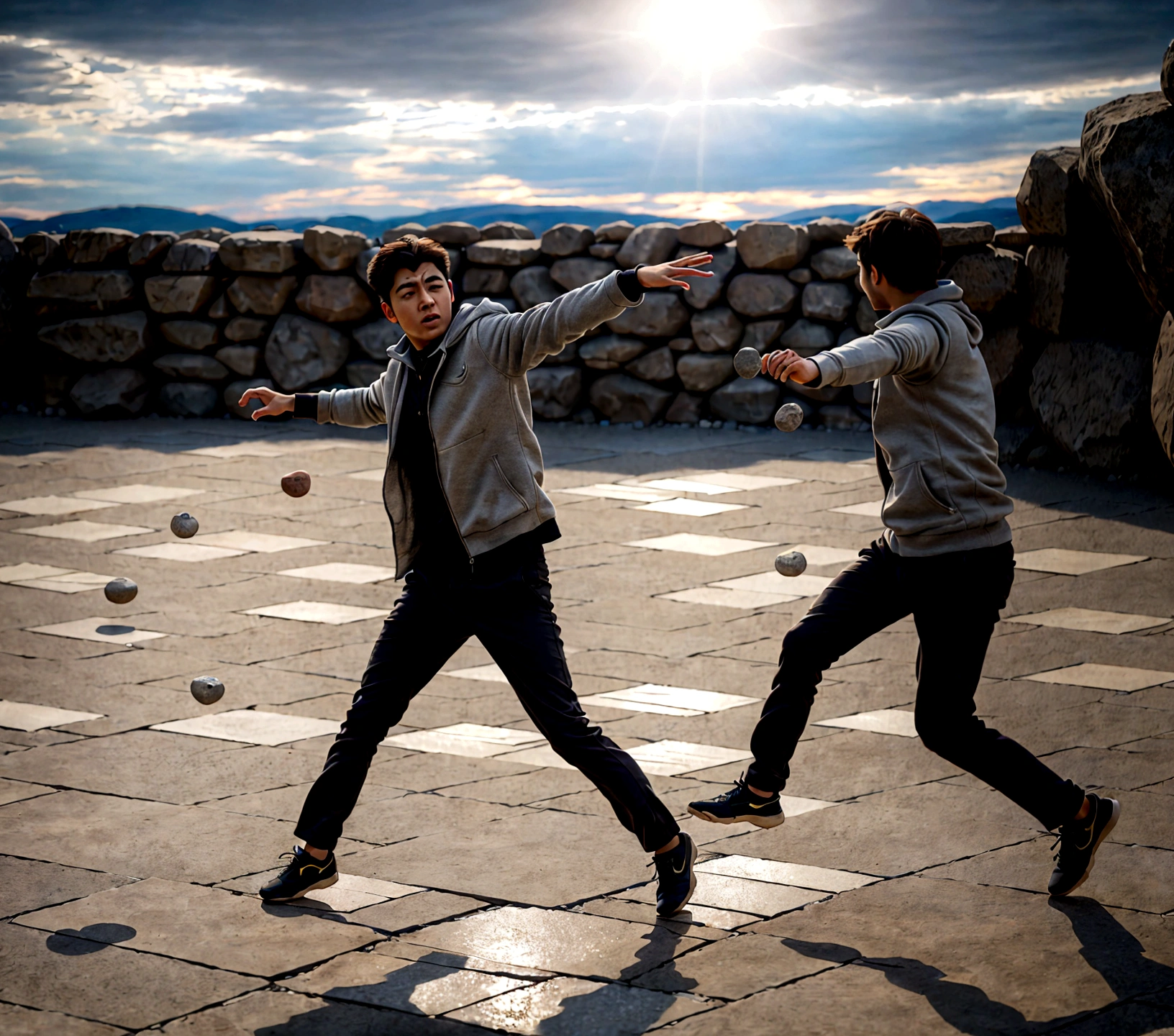 create 2 images, a person throwing a stone, and another image a person tripping on a stone, cinematic, 8k, ultrarealistic