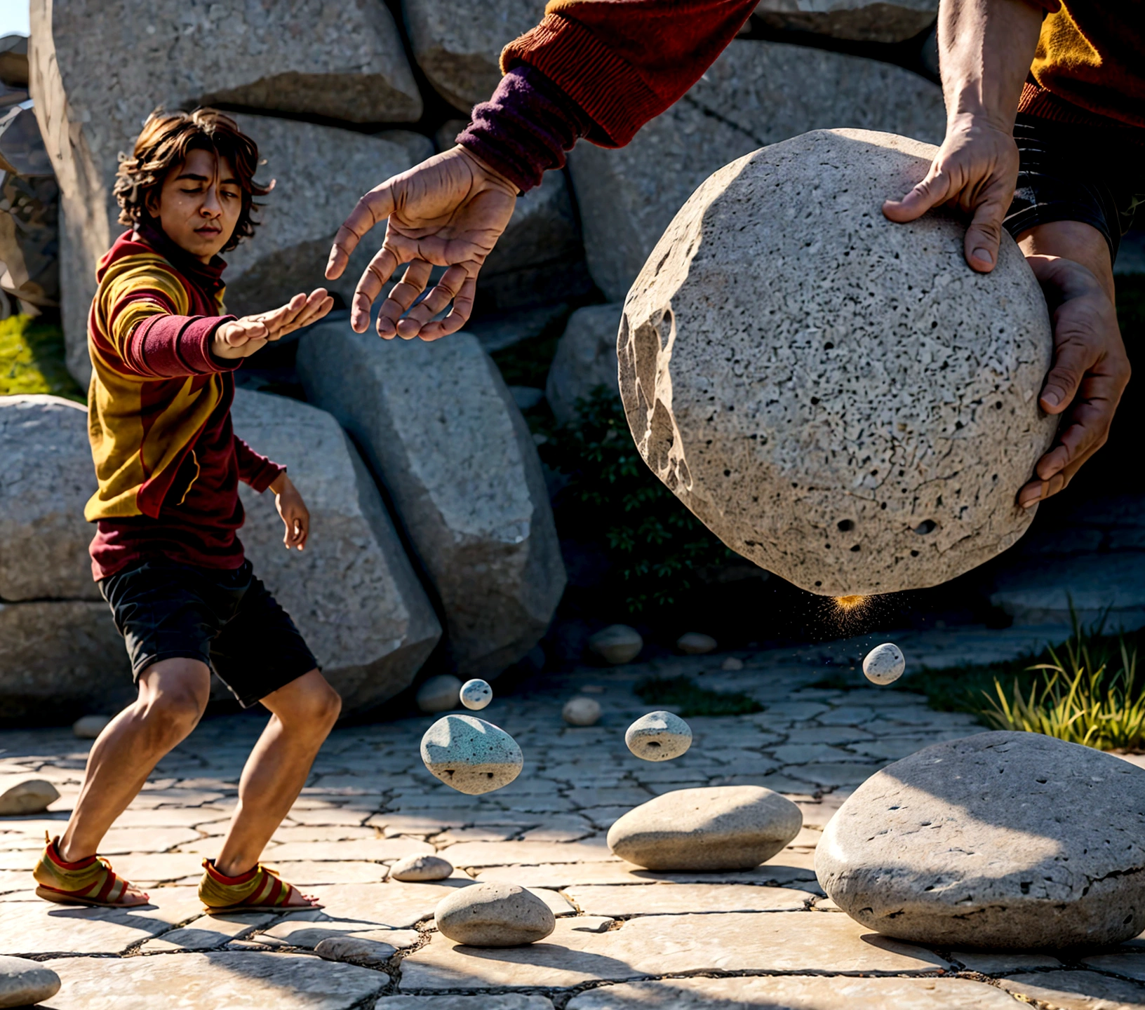 create 2 images, a person throwing a stone, and another image a person tripping on a stone, cinematic, 8k, ultrarealistic