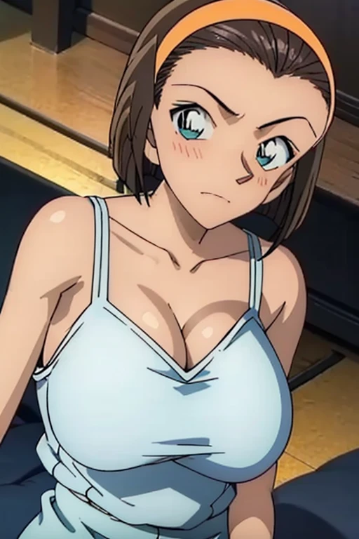 looking at the camera、When I Look at You、lookatviewer、Anime Style、Eroge、1 Girl,  (Huge breasts), (Tight white camisole dress)、Low Angle、Brown haired, hair band、Bob Hair、The forehead is visible、blush,The whole body is visible:1.5、Long skirt