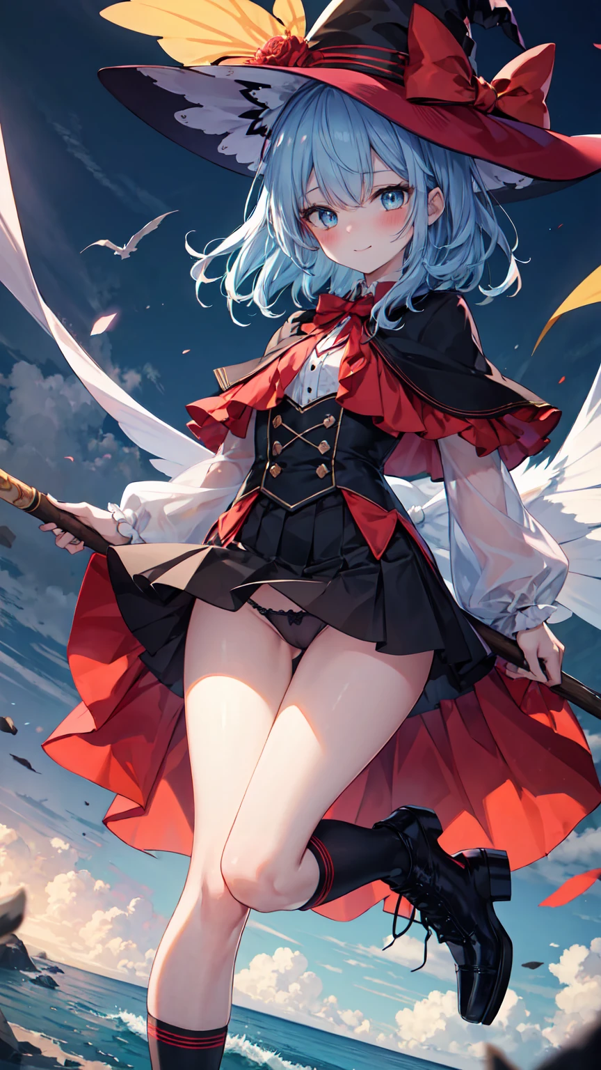 Highest quality, 4K, 8K, High resolution, masterpiece:1.2, Very detailed, Actual, Vibrant colors, Beautiful Eyes, A delicate smile, Blushed, Textured skin, masterpiece, High resolution, Highest quality, Blushed, Blushing ,lure,Show off your figure,Witch girl,The wind blows up my skirt,Adult Panties,Low rise,