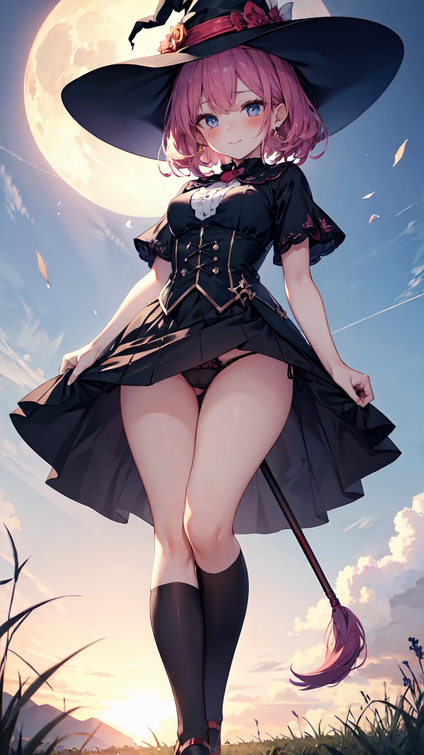 Highest quality, 4K, 8K, High resolution, masterpiece:1.2, Very detailed, Actual, Vibrant colors, Beautiful Eyes, A delicate smile, Blushed, Textured skin, masterpiece, High resolution, Highest quality, Blushed, Blushing ,lure,Show off your figure,Witch girl,The wind blows up my skirt,Adult Panties,Low rise,