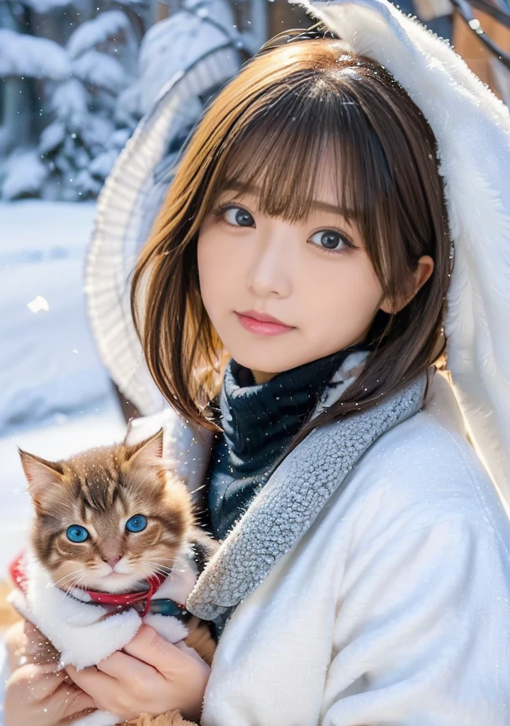 Blue Eyes、Holding a kitten、Photo from the waist up、Night city illumination shot、Cowgirl Shot、Fur coat、豪華なグレーのミンクのFur coat、Wear fine leather boots、Luxury Bags、Inner turtleneck、Silver necklace and small silver earrings Millionaire style:1.4））、Full body photo、smile、 Caustics、Highly detailed photos、Very beautiful woman 、Ample breasts、No makeup、(8K、RAW Photos、Highest quality、masterpiece:1.2)、(Realistic、Realistic)、1 Girl、((Medium Short Hair、Midwinter、Cold region Snow falling、The wind is blowing、Fluttering Hair、Blur the background、Colorful illuminations、Looking into the camera:1.4))、
