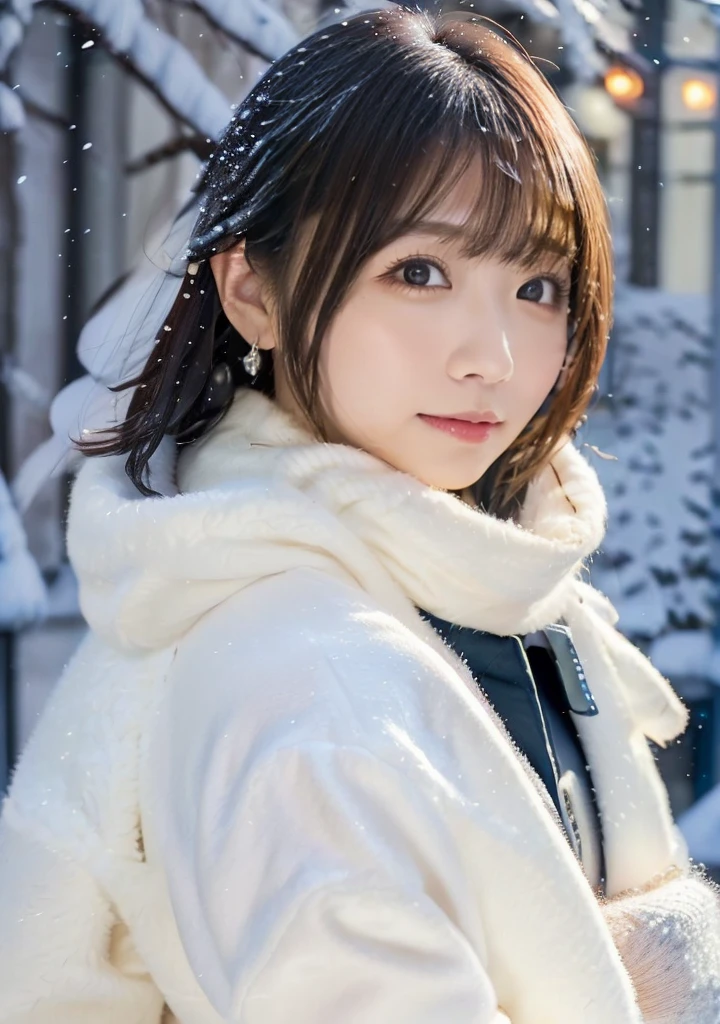 Blue Eyes、Holding a kitten、Photo from the waist up、Night city illumination shot、Cowgirl Shot、Fur coat、豪華なグレーのミンクのFur coat、Wear fine leather boots、Luxury Bags、Inner turtleneck、Silver necklace and small silver earrings Millionaire style:1.4))、Full body photo、smile、 Caustics、Highly detailed photos、Very beautiful woman 、Ample breasts、No makeup、(8K、RAW Photos、Highest quality、masterpiece:1.2)、(Realistic、Realistic)、1 Girl、((Medium Short Hair、Midwinter、Cold region Snow falling、The wind is blowing、Fluttering Hair、Blur the background、Colorful illuminations、Looking into the camera:1.4))、