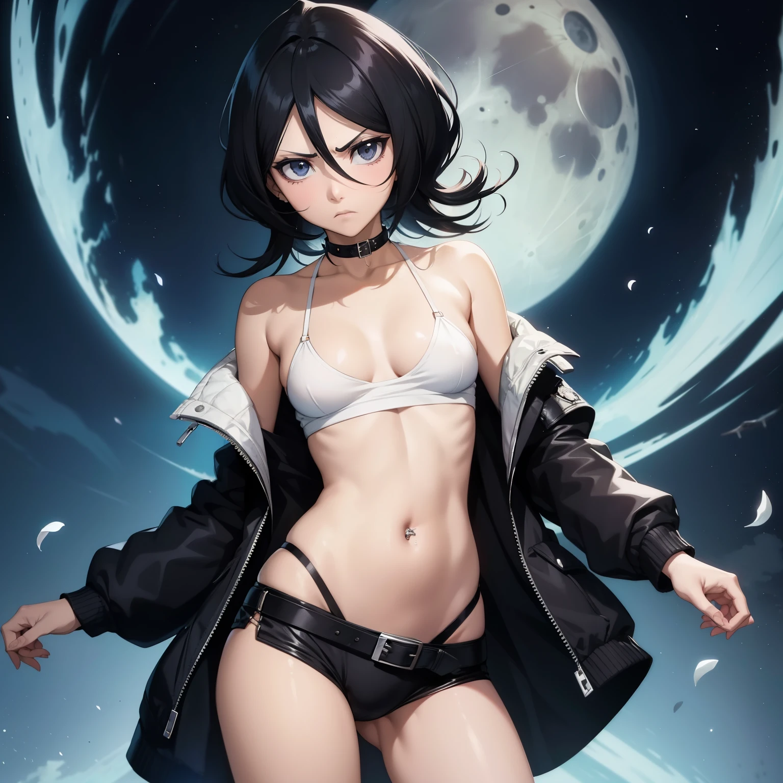 Rukia , 1girl , anime , masterpiece  , Black color hair, jaqueta aberta open clothes ,flat  chest  ,no bra,  pantie  , long socks,  angry face ,menacing , belly button piercing ,garterbelt .  moon background. 