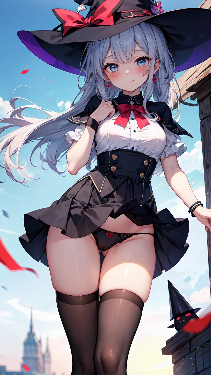 Highest quality, 4K, 8K, High resolution, masterpiece:1.2, Very detailed, Actual, Vibrant colors, Beautiful Eyes, A delicate smile, Blushed, Textured skin, masterpiece, High resolution, Highest quality, Blushed, Blushing ,lure,Show off your figure,Witch girl,The wind blows up my skirt,Adult Panties,Low rise,