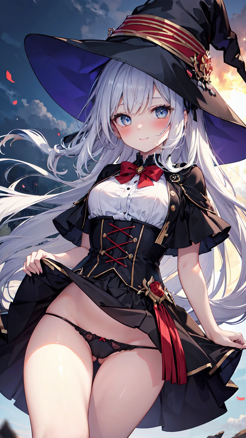 Highest quality, 4K, 8K, High resolution, masterpiece:1.2, Very detailed, Actual, Vibrant colors, Beautiful Eyes, A delicate smile, Blushed, Textured skin, masterpiece, High resolution, Highest quality, Blushed, Blushing ,lure,Show off your figure,Witch girl,The wind blows up my skirt,Adult Panties,Low rise,