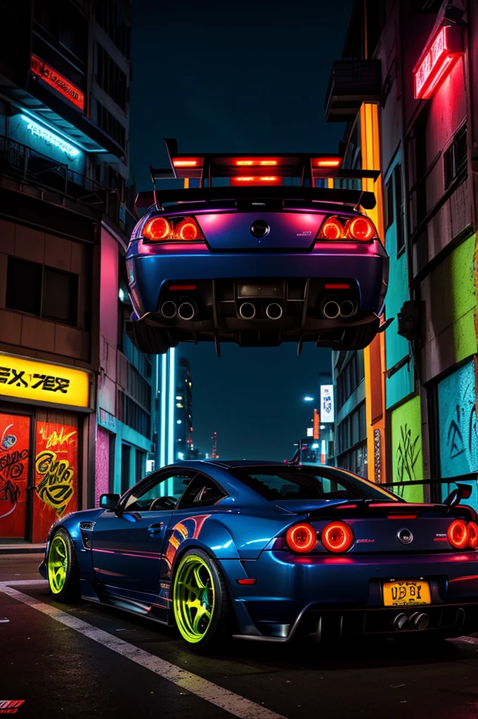 A sleek, customized JDM car with vivid, neon underglow lights, sporting an aggressive body kit and a large rear spoiler, parked in an urban, nighttime setting with graffiti walls. The scene captures the essence of street racing culture, with high-performance modifications including deep-dish wheels, wide tires, and a carbon fiber hood. The car's glossy, vibrant paint job reflects the city lights, evoking a sense of speed and adrenaline — art style reminiscent of cyberpunk and Japanese anime aesthetics.