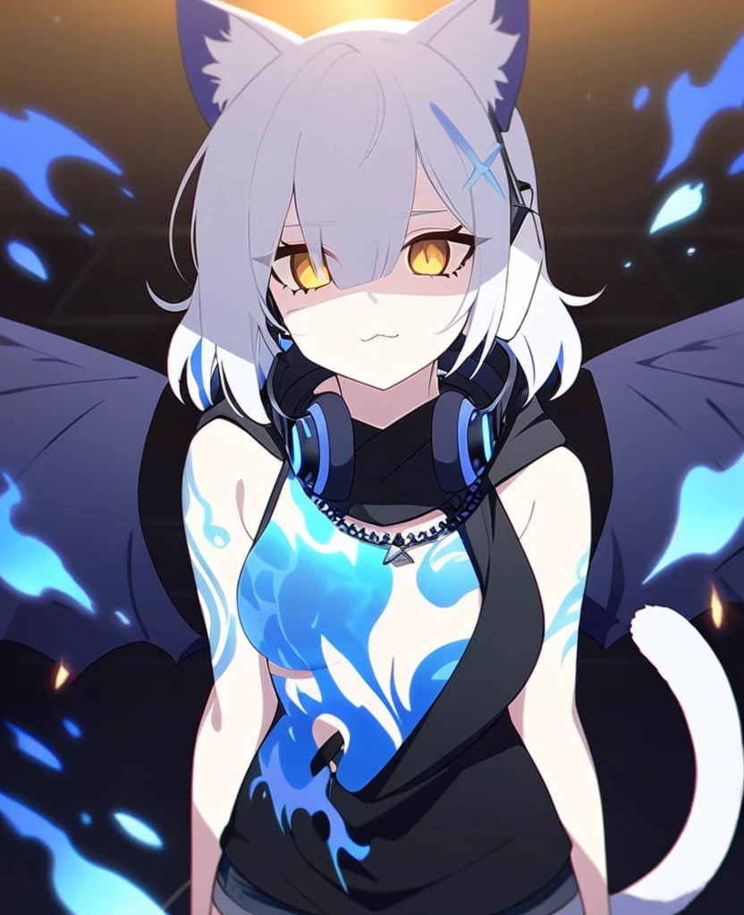 Make me a VTuber design. A girl with a mature body. {Long white hair that has blue fire on the tips of them.} {Cat ears with blue fire in the middle of them instead of fluff.} {A cat tail with blue fire at the end.} Yellow eyes with, scars on her body. {A goth/rockstar wearing shorts like outfit that’s blue and black with headphones that match, draped around her neck.} Fire tattoos. Blue fire cat DJ/Singer. One person only, {blue fire only}. 