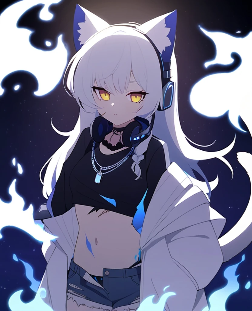 Make me a VTuber design. A girl with a mature body. {Long white hair that has blue fire on the tips of them.} {Cat ears with blue fire in the middle of them instead of fluff.} {A cat tail with blue fire at the end.} Yellow eyes with, scars on her body. {A goth/rockstar wearing shorts like outfit that’s blue and black with headphones that match, draped around her neck.} Fire tattoos. Blue fire cat DJ/Singer. One person only, {blue fire only}. 