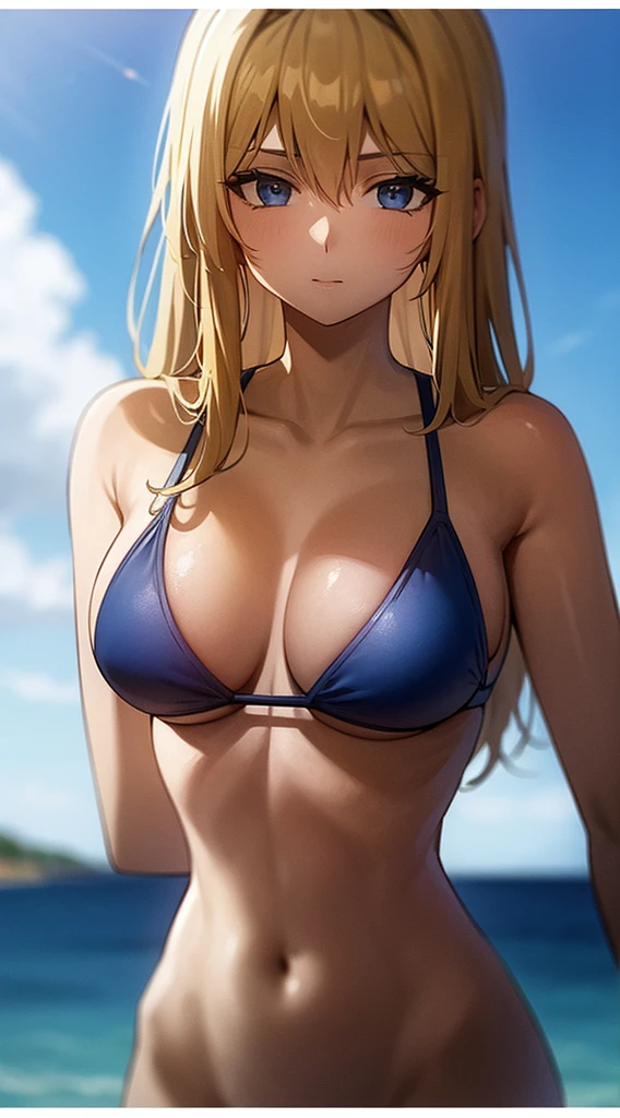 Upper body photo of beautiful blonde girl in swimsuit