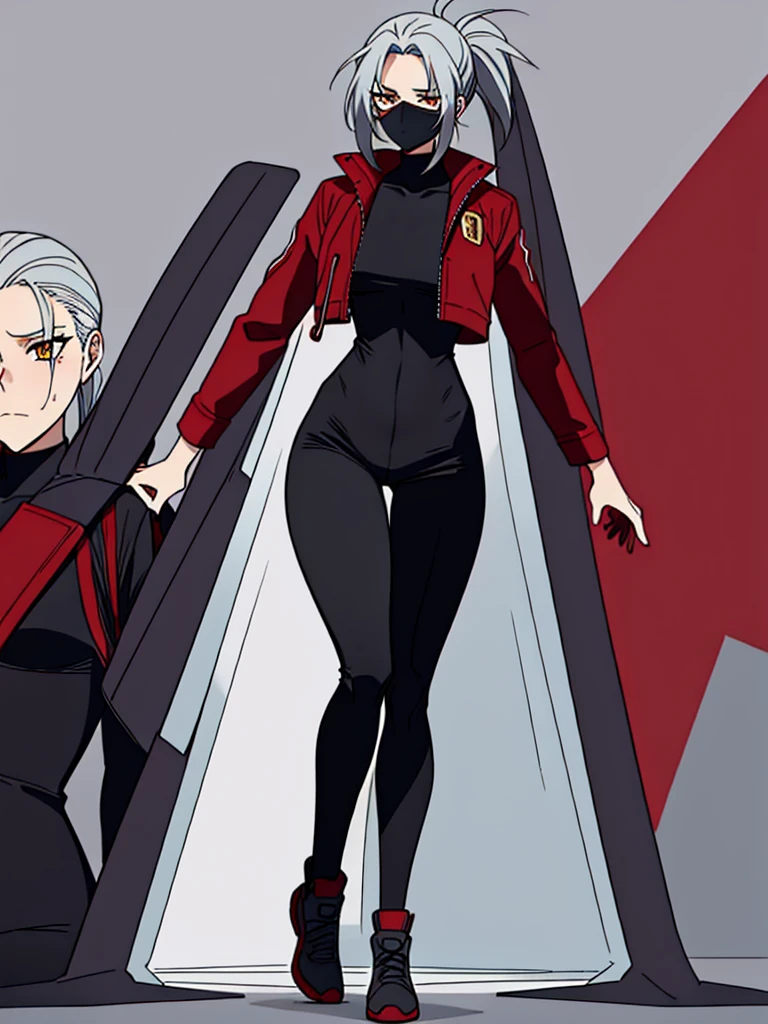 Tall, slim, She has long grey hair tied back in an enormous, messy ponytail that reaches down to her thighs, some of her hair is covering one of her eyes, she wears a red jacket over a black full-body suit, golden eyes