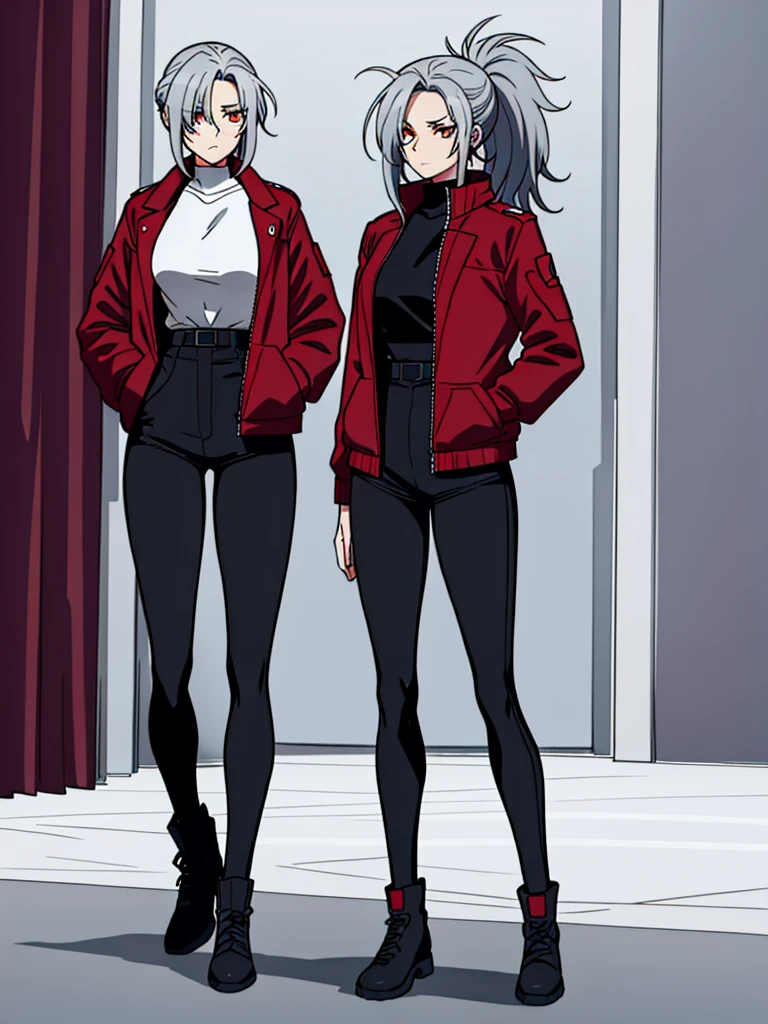 Tall, slim, She has long grey hair tied back in an enormous, messy ponytail that reaches down to her thighs, some of her hair is covering one of her eyes, she wears a red jacket over a black full-body suit, golden eyes