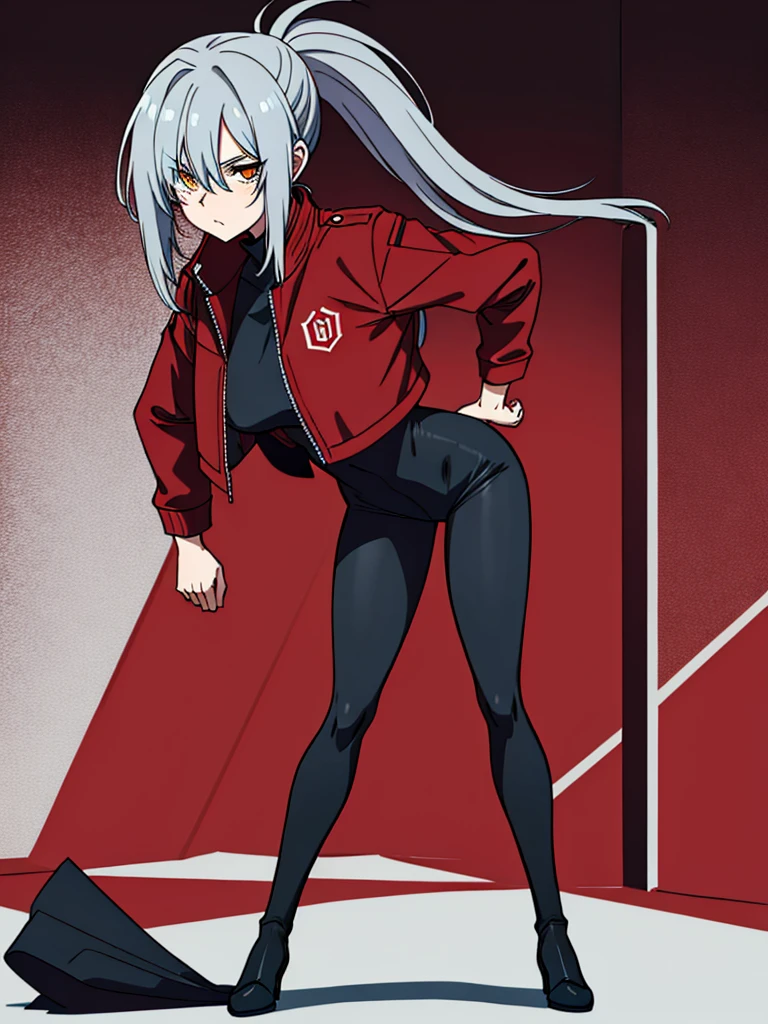 Tall, slim, She has long grey hair tied back in an enormous, messy ponytail that reaches down to her thighs, some of her hair is covering one of her eyes, she wears a red jacket over a black full-body suit, golden eyes