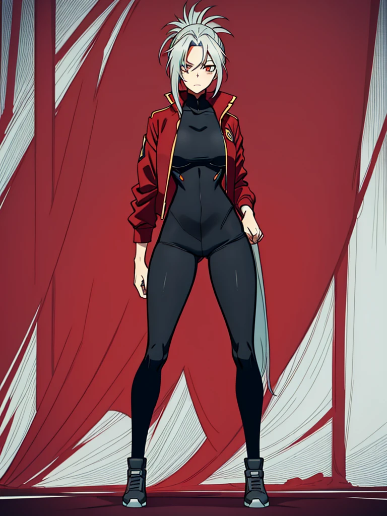 Tall, slim, She has long grey hair tied back in an enormous, messy ponytail that reaches down to her thighs, some of her hair is covering one of her eyes, she wears a red jacket over a black full-body suit, golden eyes