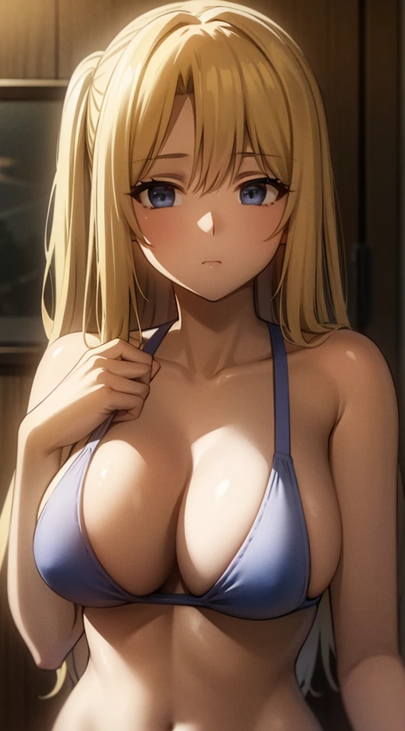 Upper body photo of beautiful blonde girl in swimsuit