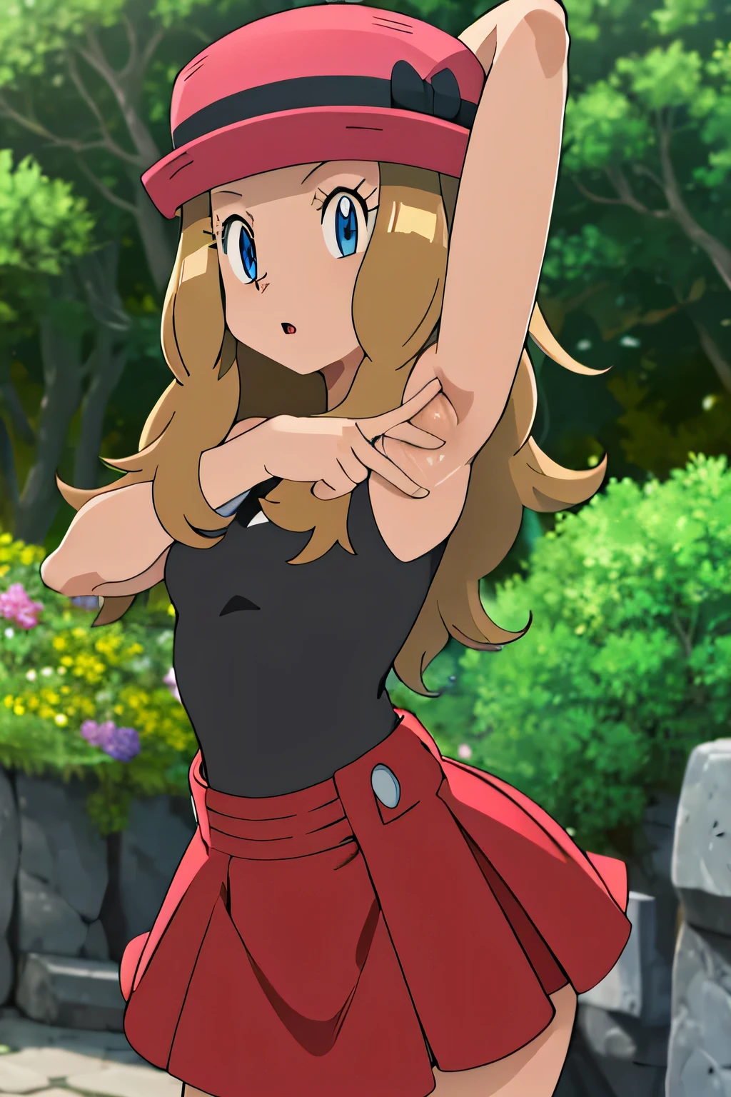 masterpiece, best quality, highres, outdoors, 1girl, solo, serena (pokemon), pink headwear, red skirt, black shirt, bare shoulders, looking at viewer, arms behind head, contrapposto, spread armpit,