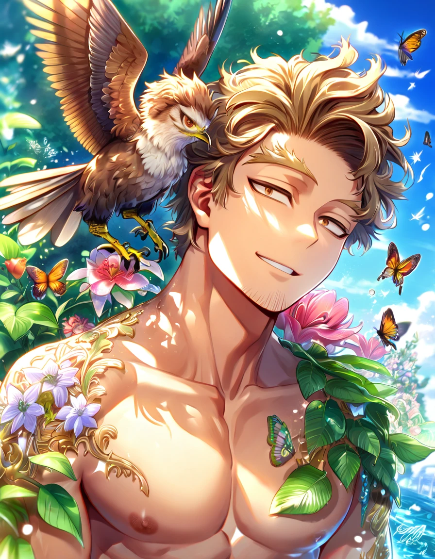 absurdres, highres, ultra detailed, HDR, master piece, best quality, extremely detailed face, delicated features, Hawks, ash-brown hair, expressive brown eyes, faint stubble, Boku No Hero Academia, solo, sexy man, handsome, handsome smile, bare chest, fantasy, magical, butterflies, summer, green leaves, flowers, water