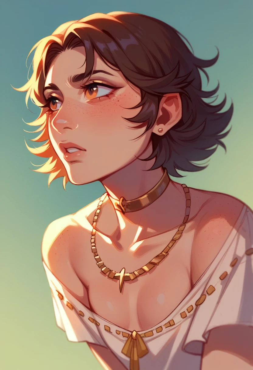 Create an image of a confident, stylish young woman with curly, dark hair. She has a warm complexion, expressive eyes, and a few freckles on her cheeks. She is wearing a white, fitted top with a deep neckline and a choker necklace. She has layered gold necklaces and is seated casually, leaning slightly forward. The overall vibe of the image should be modern, chic, and approachable.