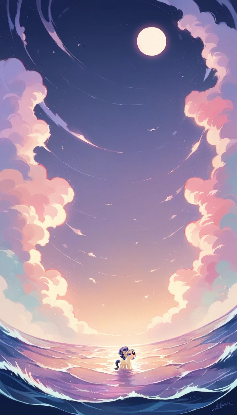 Bioluminescent stars shining in the sky, Pink half moon, Tsukoi Sky, Soft cotton cloud, Turkish sea waves, Shiny, Purple Water, milky way, Complementary lighting