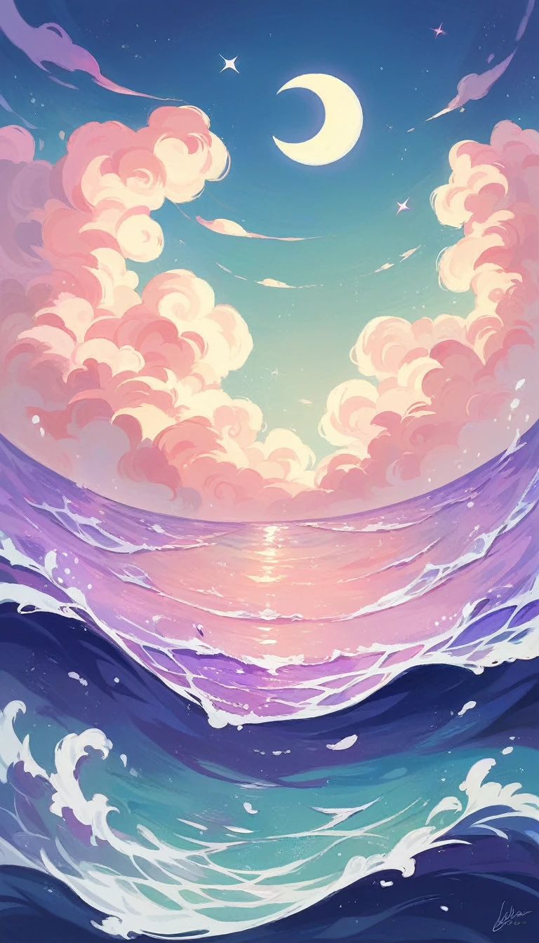Bioluminescent stars shining in the sky, Pink half moon, Tsukoi Sky, Soft cotton cloud, Turkish sea waves, Shiny, Purple Water, milky way, Complementary lighting
