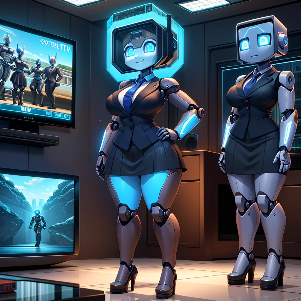 (masterpiece) (high Res), (((robot))), (Perfect face), (perfect anatomy), robot woman with a television head, in super tight clothes, (office suit), (mini skirt), shirt, tie, happy,((blue glowing eyes)), huge breast, narrow waist, wide hips, thick thighs, Brown skin, metal body, black high heels, ((((TV Head)))), (tv girl), ((((Television Head))))