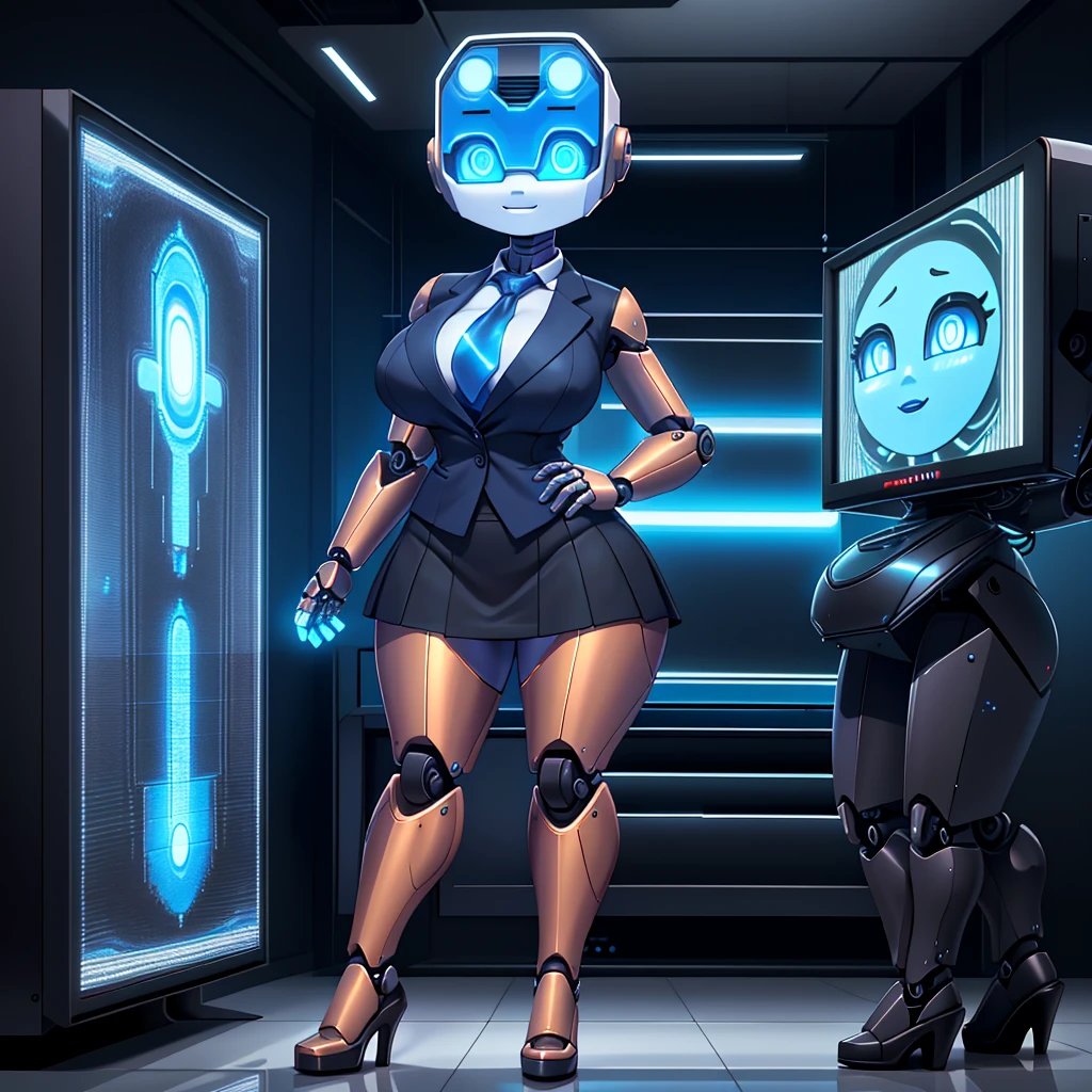 (masterpiece) (high Res), (((robot))), (Perfect face), (perfect anatomy), robot woman with a television head, in super tight clothes, (office suit), (mini skirt), shirt, tie, happy,((blue glowing eyes)), huge breast, narrow waist, wide hips, thick thighs, Brown skin, metal body, black high heels, ((((TV Head)))), (tv girl), ((((Television Head))))