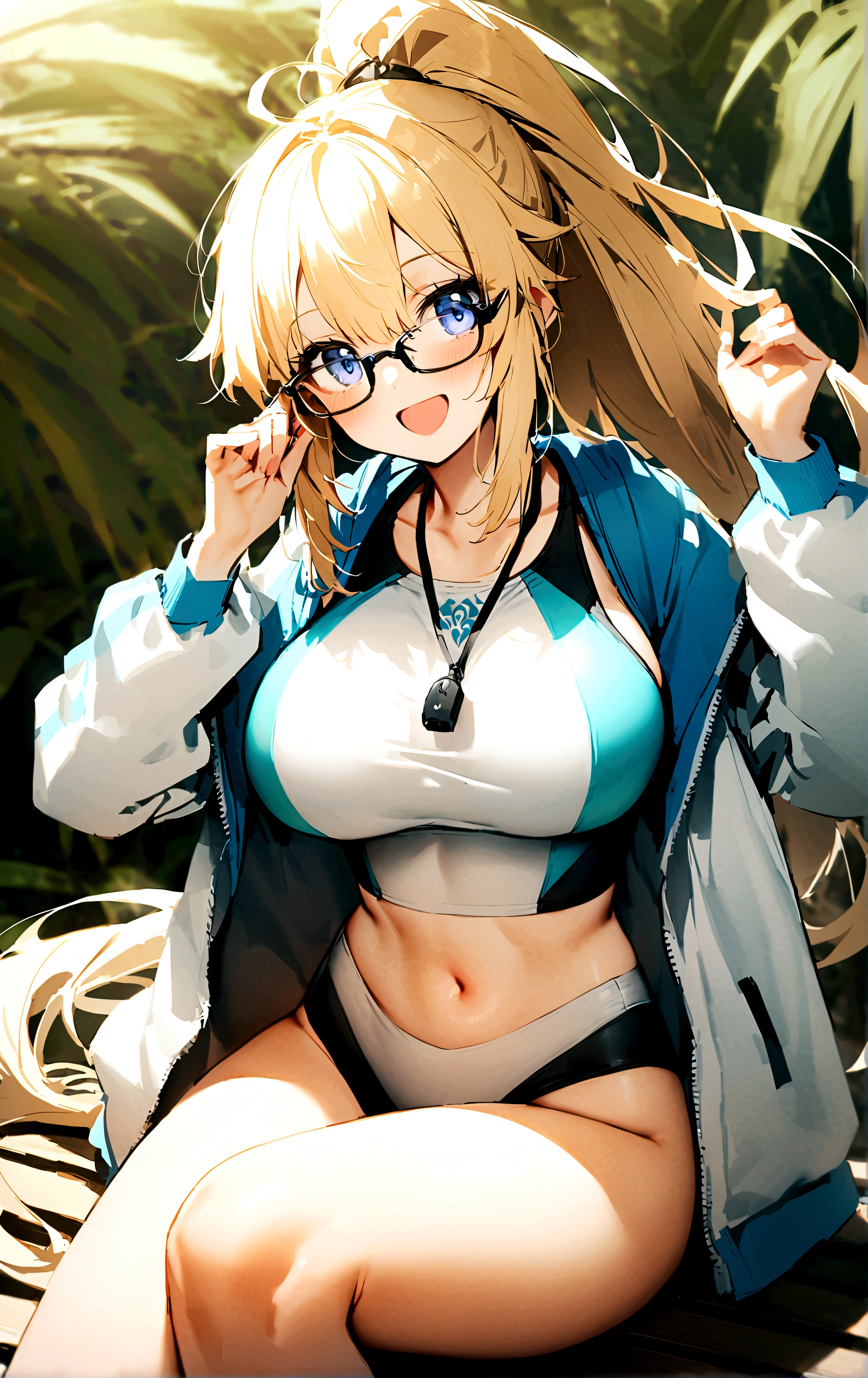 quasarcake、s16xue、By shinjiro、Female 1 person、Jeanne d'Arc \(fate\)、Jeanne d'Arc \(Swimwearアーチャー\) \(fate\)、Jeanne d'Arc \(Swimwearアーチャー\) \(second coming\) \(fate\)、黒縁Glasses、Blonde、chest、chestの谷間、競泳Swimwear、Front facing、Glasses、High leg、High legSwimwear、Food、Foodダウン、Food付きJacket、Big Breasts、Jacket、Long Hair、ワンピースSwimwear、ponytail、セミリムレスGlasses、Sideimple Background、sitting、smile、One person、Swimwear、Very long hair、Whistle、首にWhistle、白いJacket、白いワンピースSwimwear
