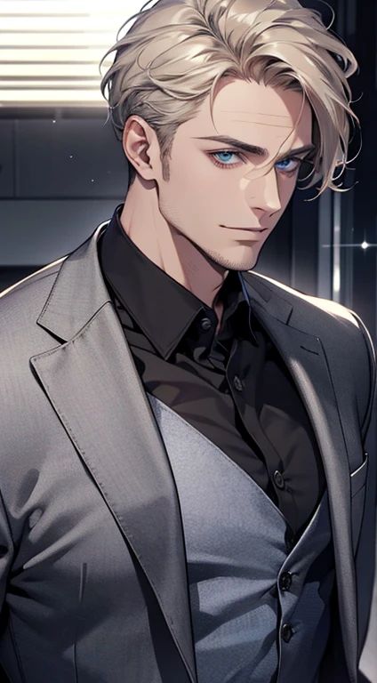 (best quality,4k,8k,highres,masterpiece:1.2),ultra-detailed,(realistic,photorealistic,photo-realistic:1.37),1 man,31 years old,mature man,very handsome,without expression,smile,short grey golden hair,blue eyes,penetrating gaze,perfect face without errors,imposing posture,businessman,office background,cinematic lighting,hdr image