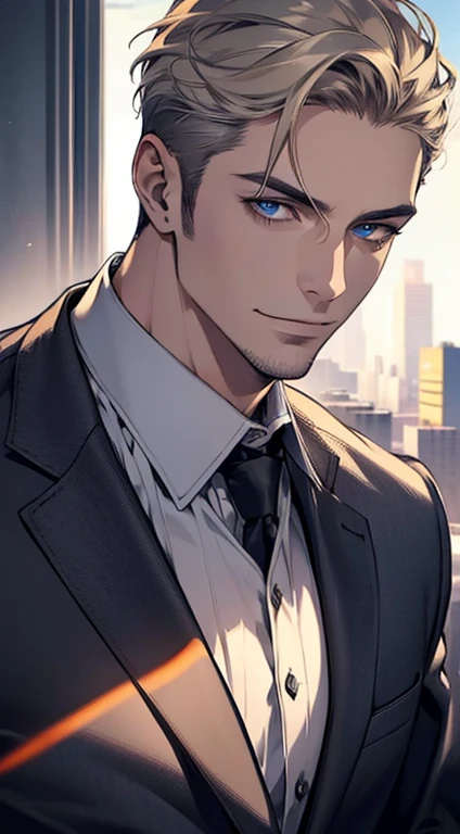 (best quality,4k,8k,highres,masterpiece:1.2),ultra-detailed,(realistic,photorealistic,photo-realistic:1.37),1 man,31 years old,mature man,very handsome,without expression,smile,short grey golden hair,blue eyes,penetrating gaze,perfect face without errors,imposing posture,businessman,office background,cinematic lighting,hdr image