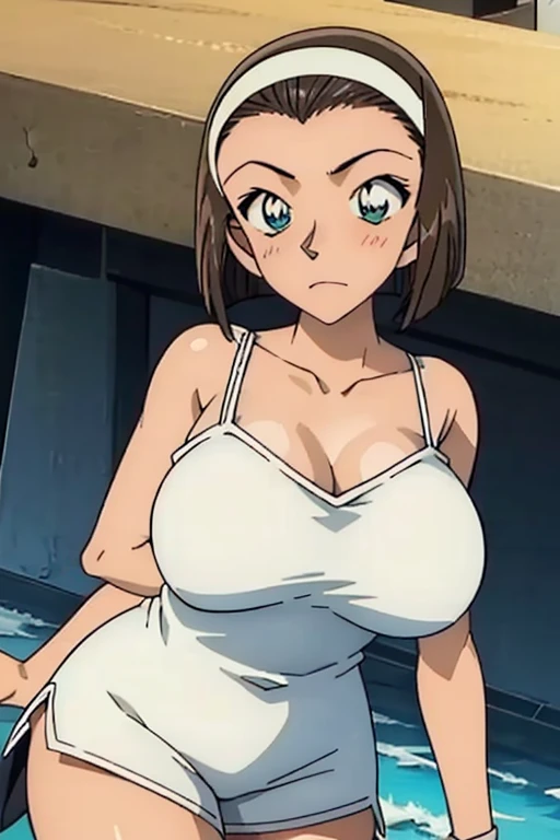 looking at the camera、When I Look at You、lookatviewer、Anime Style、Eroge、1 Girl, (Huge breasts), (Tight white camisole dress)、Low Angle、Brown haired, hair band、Bob Hair、The forehead is visible、blush,The whole body is visible:1.5、Dolphin Shorts