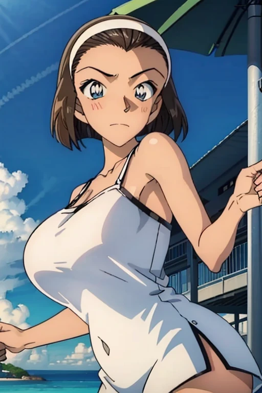 looking at the camera、When I Look at You、lookatviewer、Anime Style、Eroge、1 Girl,  (Huge breasts), (Tight white camisole dress)、Low Angle、Brown haired, hair band、Bob Hair、The forehead is visible、blush,The whole body is visible:1.5、Dolphin Shorts