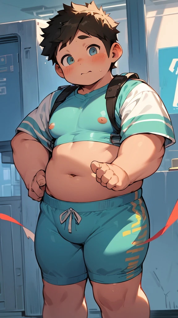 (androgynous), (boyish), beautiful, chubby, (very short hair), (pudgy face), (thick), overweight, beefy, nipples, (cute), (little brat), (naughty brat), (へそ), ぽっちゃりした体, 汗ばんだ体, (臭そうな体), (moobs), (ikemen), (boyish), (obesity)