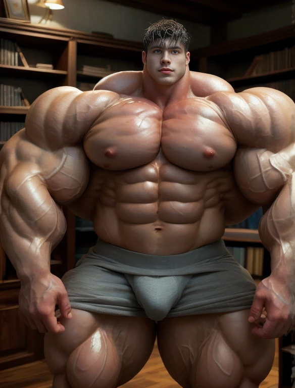 1boy, giant, alone, giant bodybuilder, wet, illuminating light, strong body, bulk, large size, stay in the bookshelf room, indoor, nude, bare, massive bulge, hard bulge, extraordinary big, brutalmass, giant muscular body, bulk, buff, massive body, large meaty body size, extremely wide body,