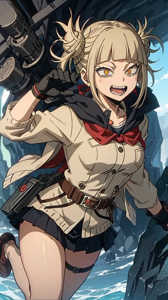 Imagine Toga Himiko from My Hero Academia as a member of the Scout Regiment from Attack on Titan. Draw her in the style of My Hero Academia, with her characteristic mischievous smile and playful expression. She should be wearing the Scout Regiment uniform, complete with the distinctive green cloak and the dual blades used for fighting Titans. Show her in a dynamic pose, as if she's about to launch into action with the omni-directional mobility gear. The background should reflect the dystopian world of Attack on Titan, with towering walls and a hint of Titans in the distance  