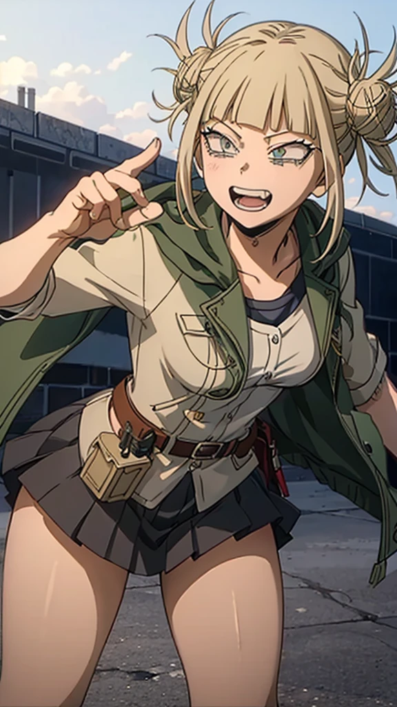 Imagine Toga Himiko from My Hero Academia as a member of the Scout Regiment from Attack on Titan. Draw her in the style of My Hero Academia, with her characteristic mischievous smile and playful expression. She should be wearing the Scout Regiment uniform, complete with the distinctive green cloak and the dual blades used for fighting Titans. Show her in a dynamic pose, as if she's about to launch into action with the omni-directional mobility gear. The background should reflect the dystopian world of Attack on Titan, with towering walls and a hint of Titans in the distance
