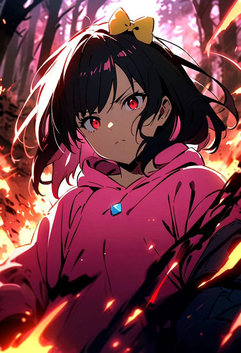 an anime girl with red eyes, long black hair with pink strands with small hair bow with small blue and yellow cubes decoration on the bow, on the right side of the head. She wears a pink sweatshirt that is too big for her and small black sweatpants.. A pink aura emanated from his body that manifested as flames and in a violent manner.. His gaze seems empty and his face is shadowed while his red eyes shine like neons in his shadowed face. , with a serious attitude while in a forest with the ground destroyed