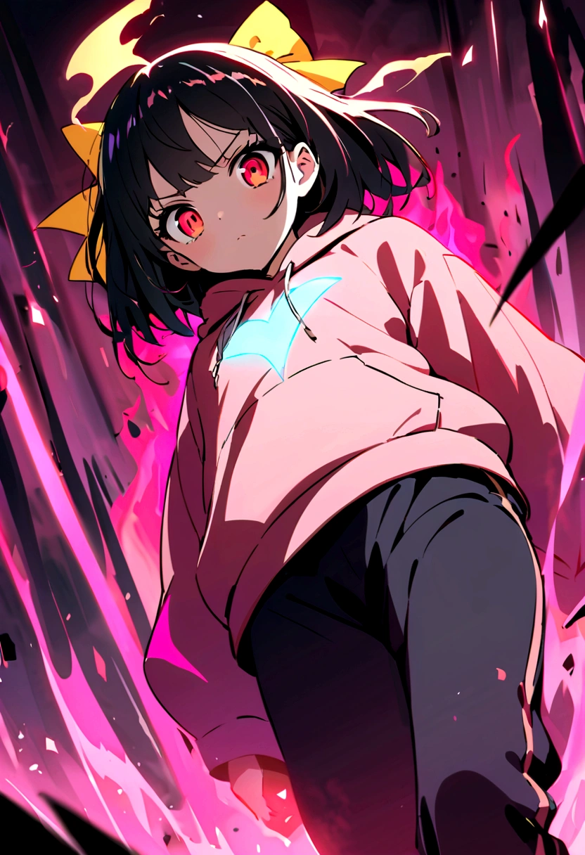 an anime girl with red eyes, long black hair with pink strands with small hair bow with small blue and yellow cubes decoration on the bow, on the right side of the head. She wears a pink sweatshirt that is too big for her and small black sweatpants.. A pink aura emanated from his body that manifested as flames and in a violent manner.. His gaze seems empty and his face is shadowed while his red eyes shine like neons in his shadowed face. , with a serious attitude while in a forest with the ground destroyed