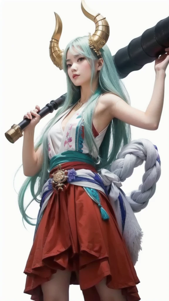 cute jananense girl, Wearing a white sleeveless kimono, gian iron mace, realistic