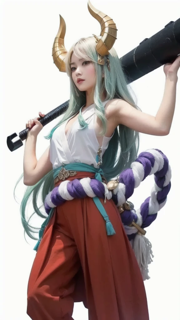 cute jananense girl, Wearing a white sleeveless kimono, gian iron mace, realistic