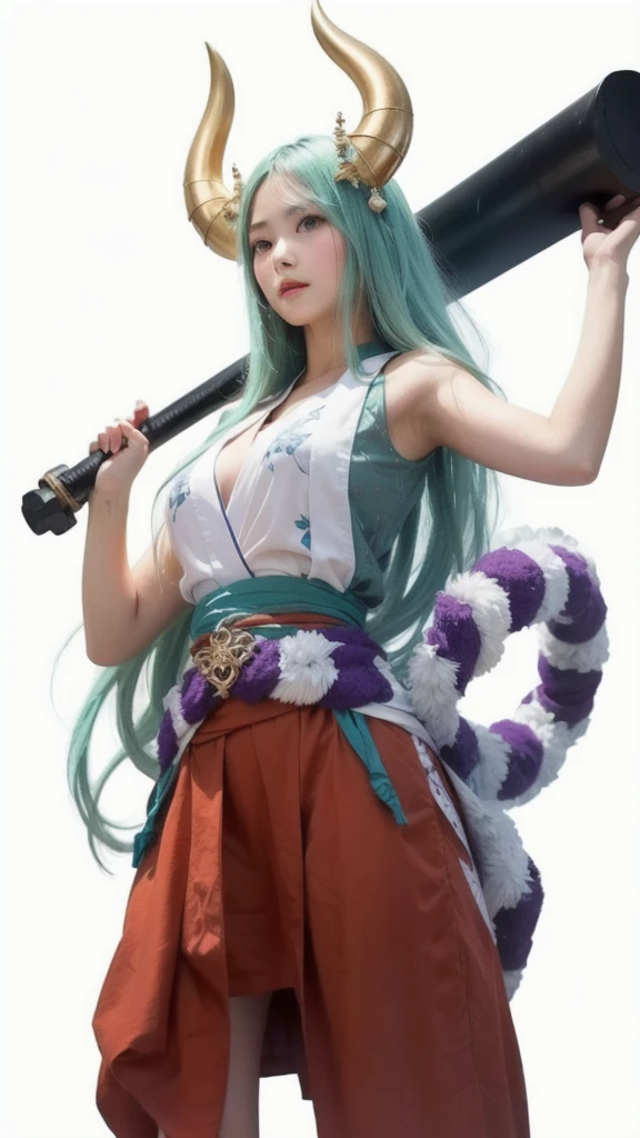 cute jananense girl, Wearing a white sleeveless kimono, gian iron mace, realistic